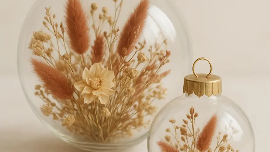 Glasornamente mit getrockneten Blumen innen.