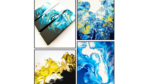 Abstrakte Bilder mit blauen und gelben Wirbeln.