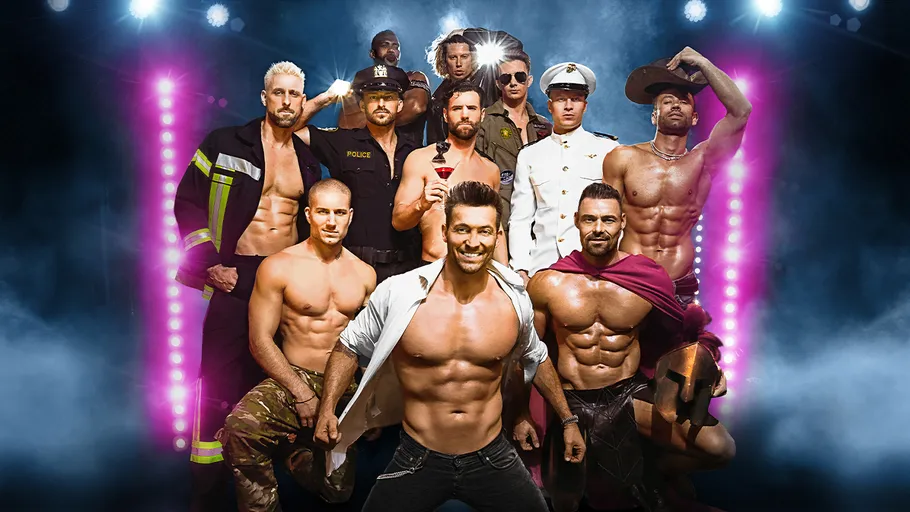 Group of muscular men posing on stage.