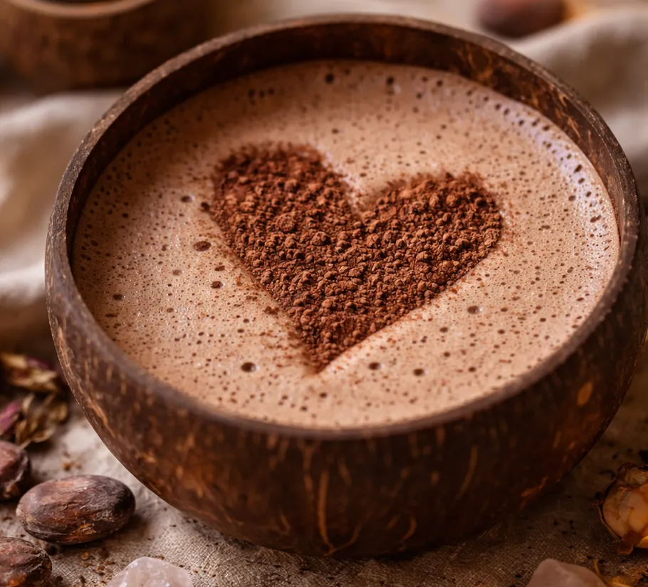 Cocoa with heart-shaped powder in coconut bowl.