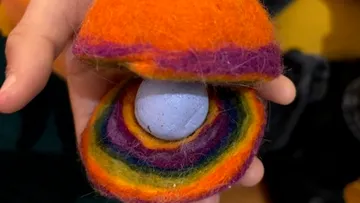 Hand hält bunte Wollmuschel mit Perle.