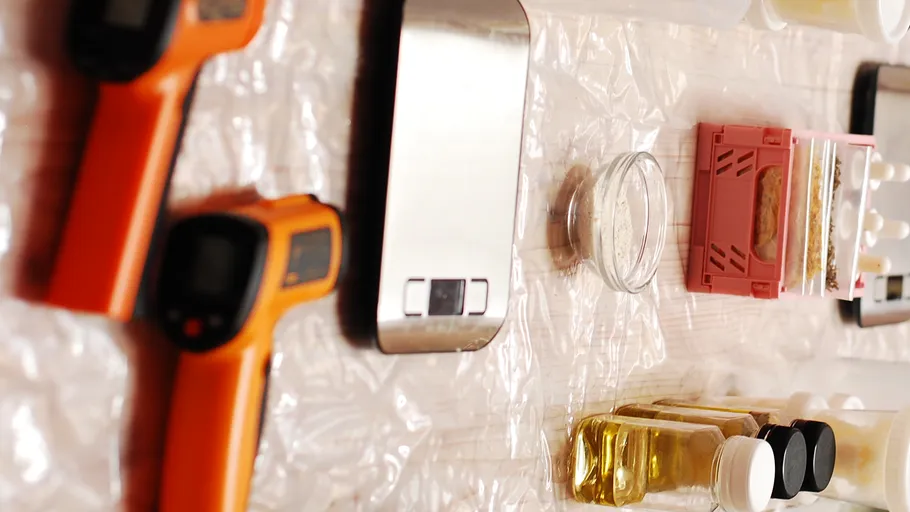 Thermometers, scale, and bottles on plastic-covered table.