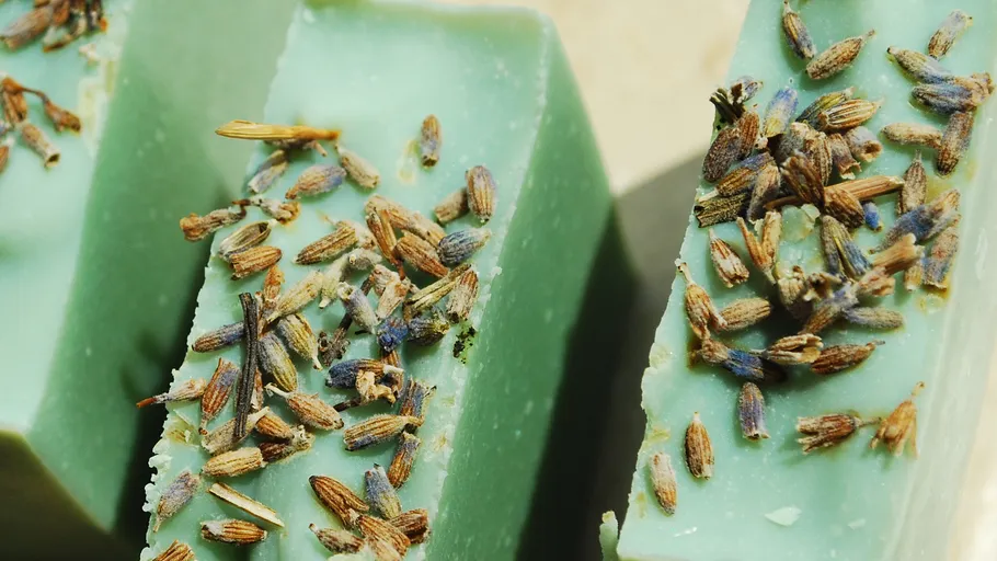 Grüne Seifenstücke mit Lavendelknospen belegt.