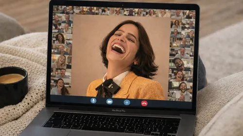 Woman laughing on laptop video call