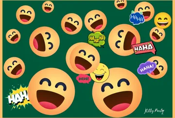 Lachende Emojis mit 'HAHA' Text, grüner Hintergrund.