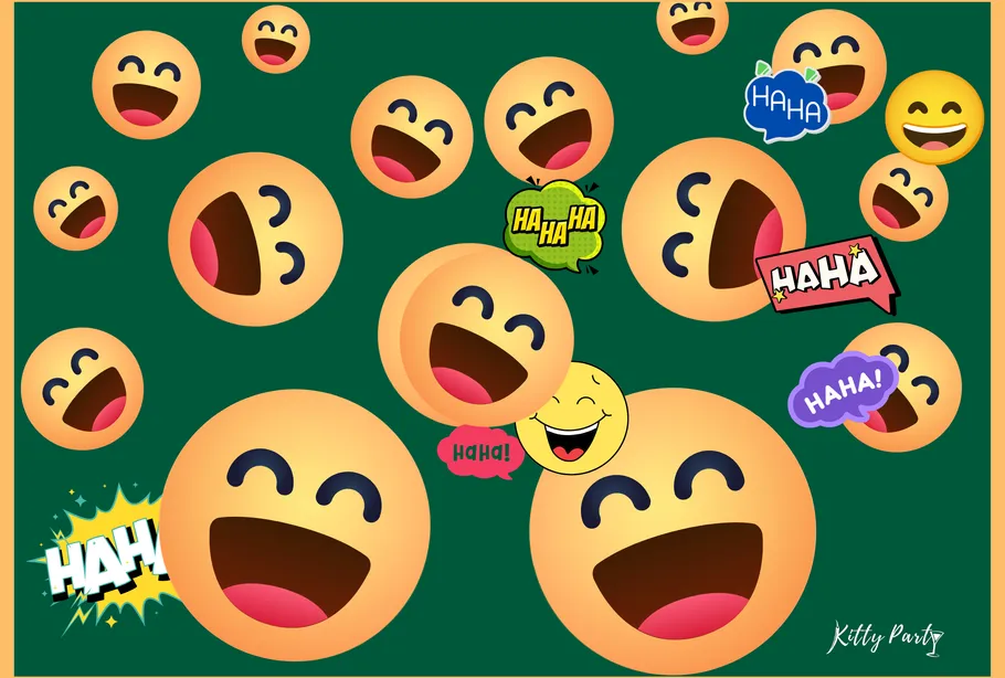 Lachende Emojis mit 'HAHA' Text, grüner Hintergrund.