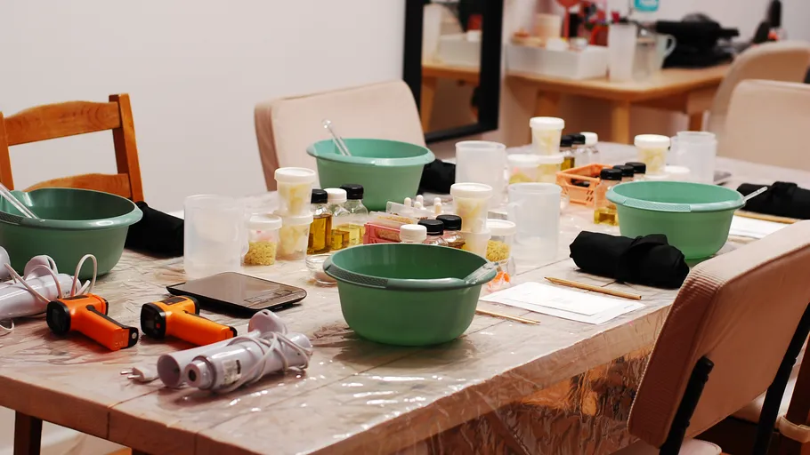 Table set with bowls and essential oils.