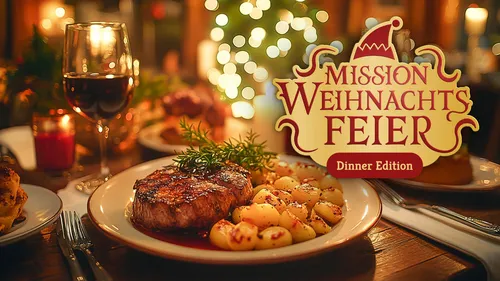 Steak und Kartoffeln auf festlichem Tisch.