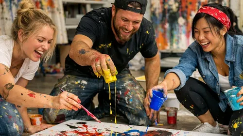 Three people paint playfully with bright colors.