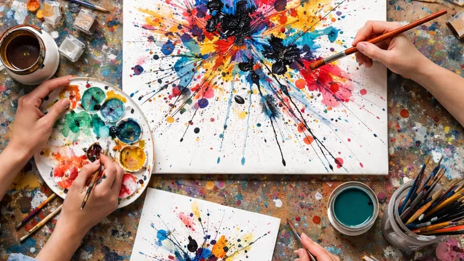 Hands painting colorful abstract art on canvas.