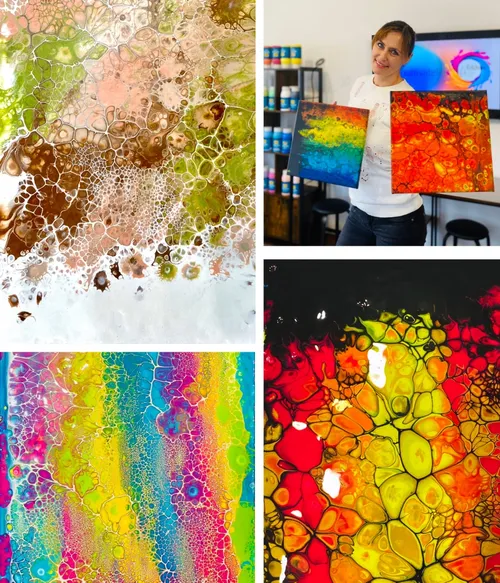 Four abstract paintings with vibrant colors.
