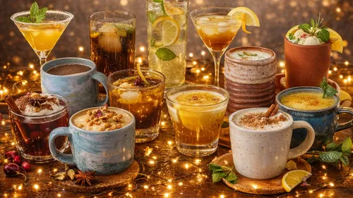 Assorted drinks with festive decorations on table.