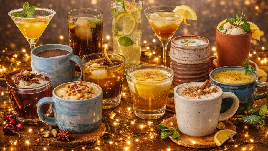 Assorted drinks with festive decorations on table.