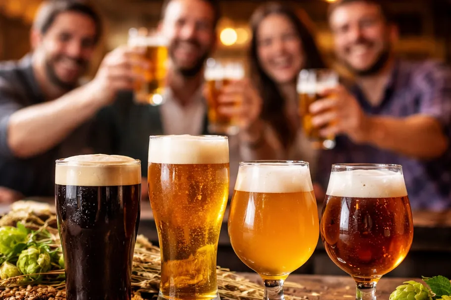 Vier Biergläser im Fokus, Menschen stoßen an.