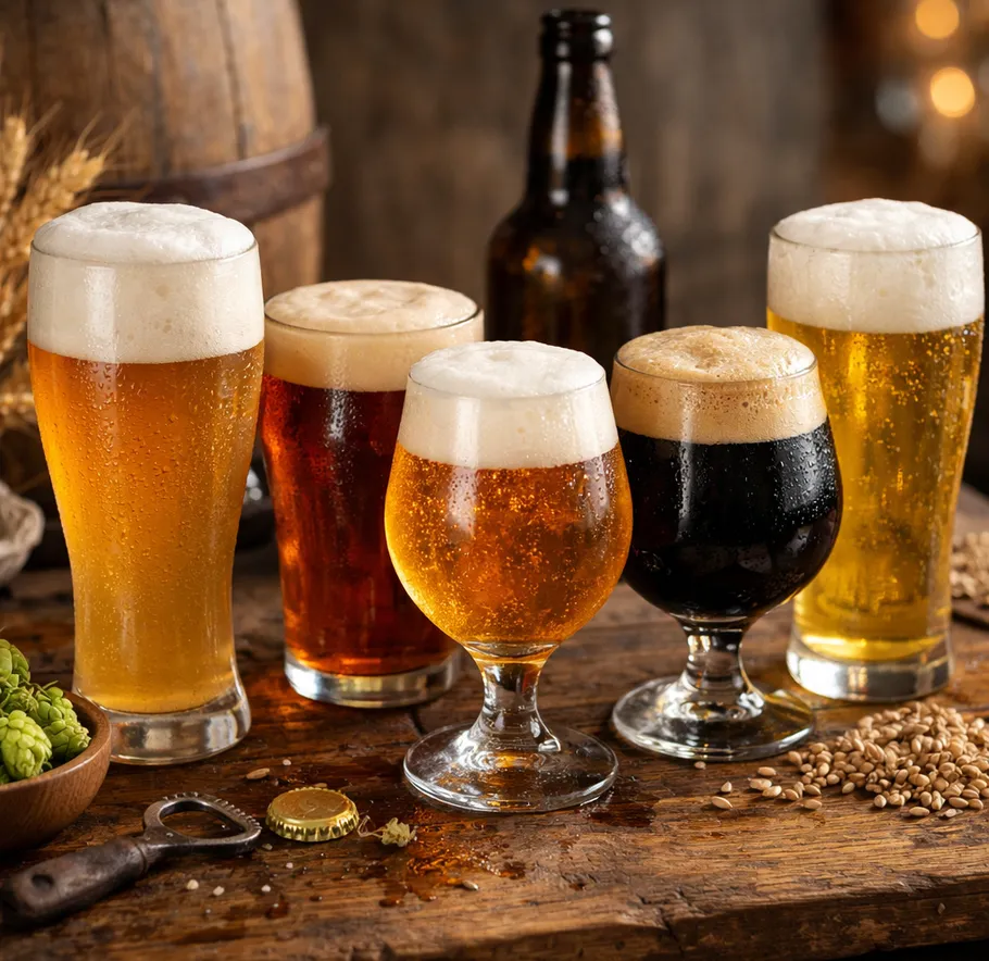 Five beers with foam on wooden table.