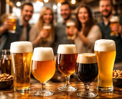 Verschiedene Biere mit Menschen im Hintergrund.