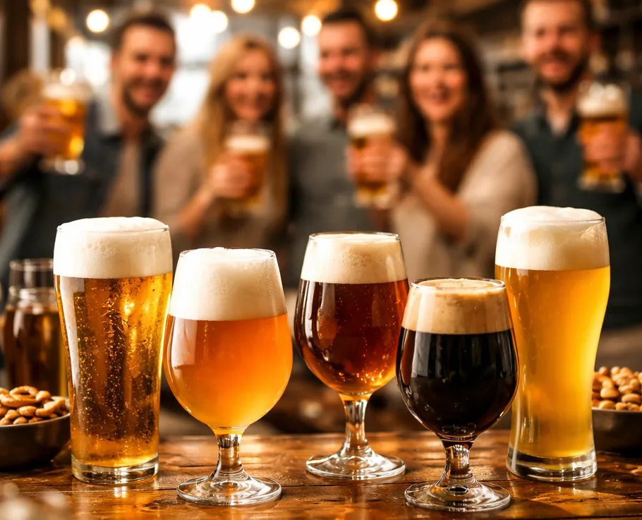 Verschiedene Biere mit Menschen im Hintergrund.