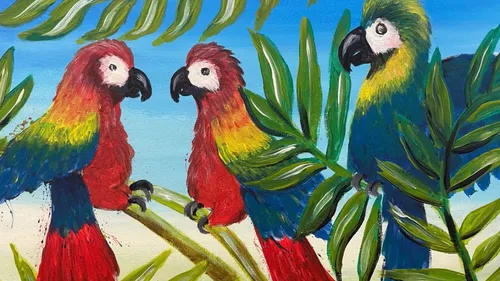 Drei bunte Papageien sitzen unter Blättern.