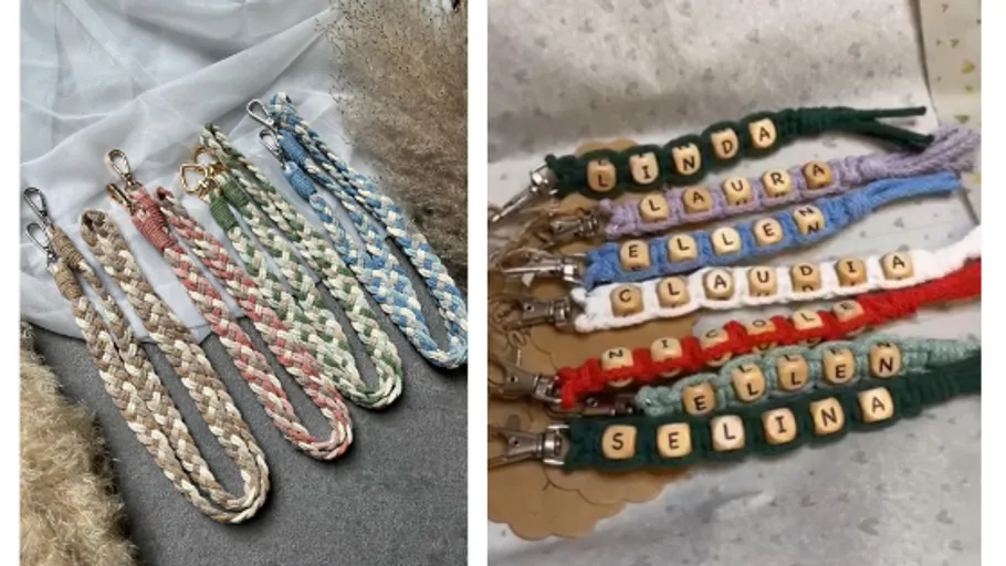 Colorful lanyards and keychains with names.