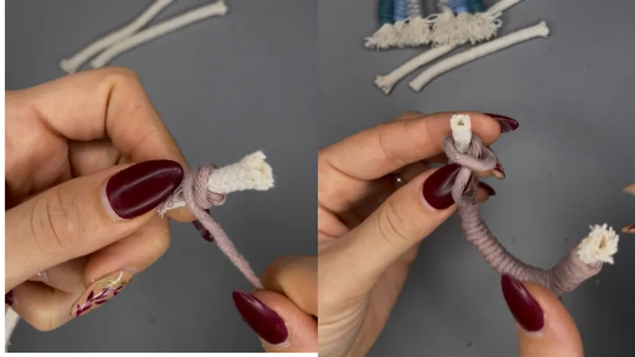Hands crafting rope with purple yarn.