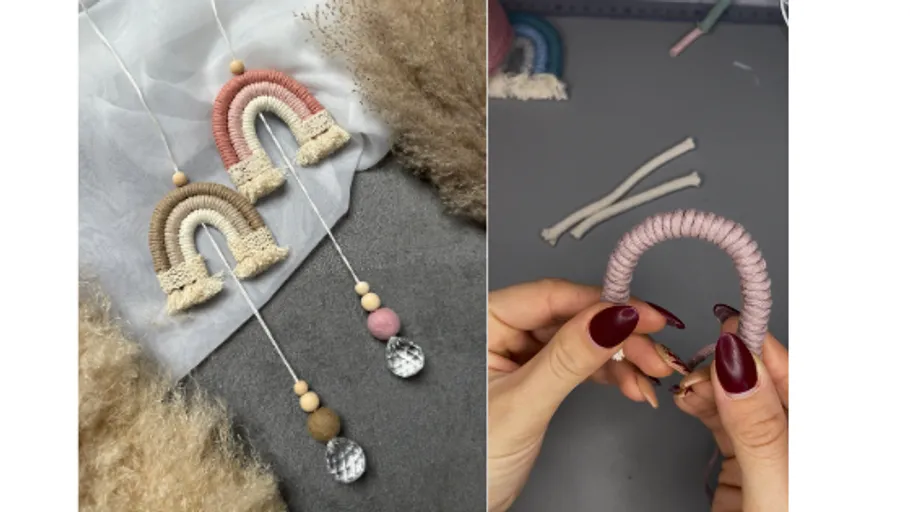 Crafted rainbows with hands assembling one.