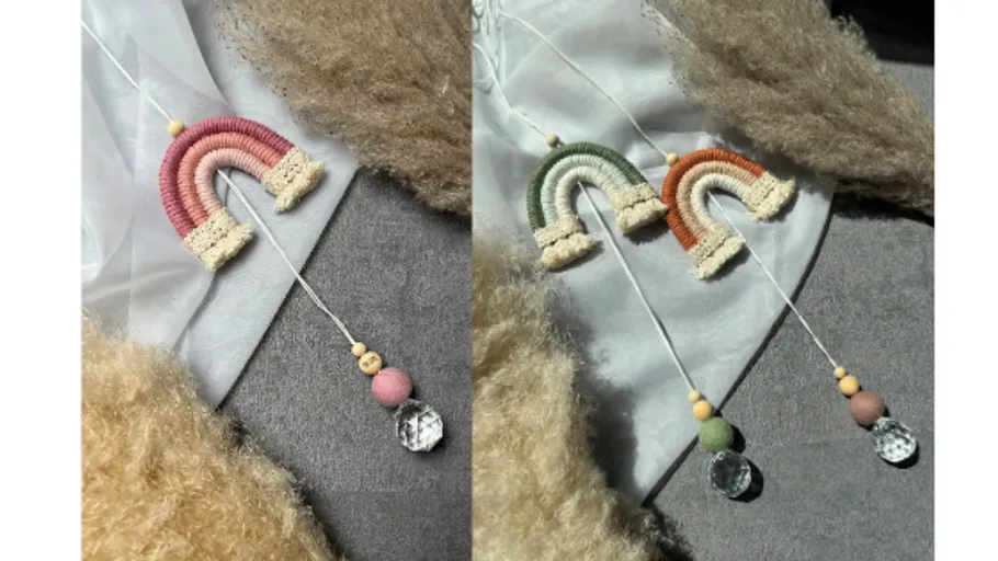 Handmade rainbow decorations on fabric.