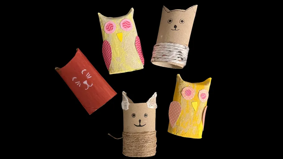 Colorful animal crafts made from toilet rolls.