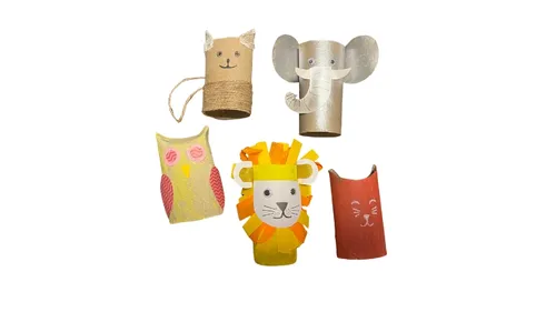 Animal crafts made from paper rolls.