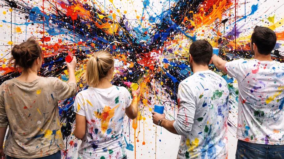 Four people painting colorful abstract mural.