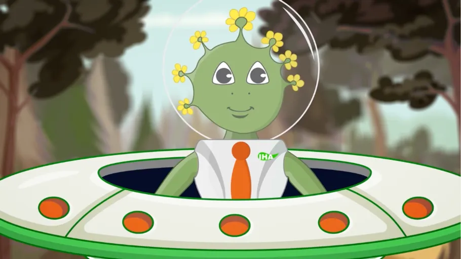 Alien with flowers in a UFO, forest background.