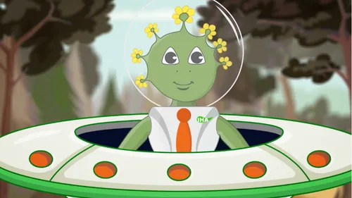 Alien character in a flying saucer, outdoors.