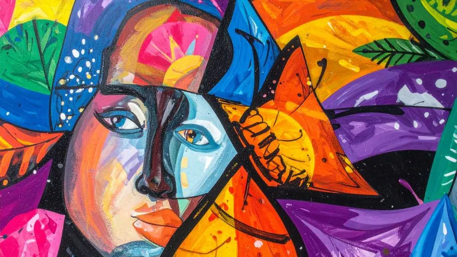 Colorful abstract face with geometric shapes.
