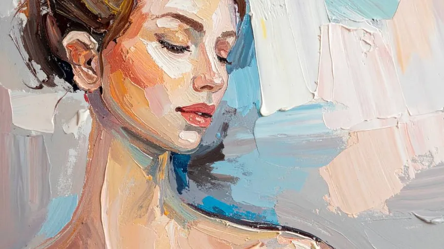 Woman in colorful oil painting portrait.