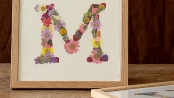 Framed letter 'M' made of colorful flowers.