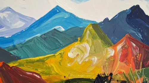 Colorful painted mountains with blue sky.