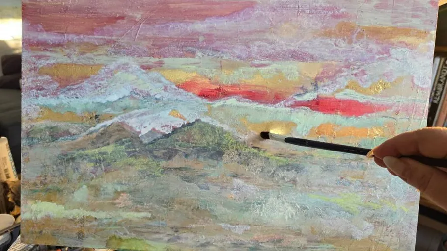 Hand malt bunte Landschaft auf Leinwand.