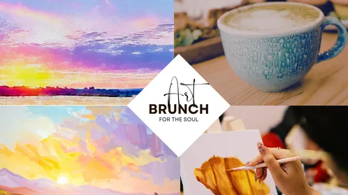 Art supplies and coffee on a table.