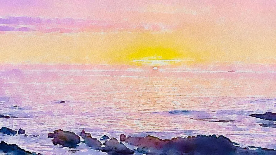 Sonnenuntergang über Ozean, Aquarellstil-Bild.