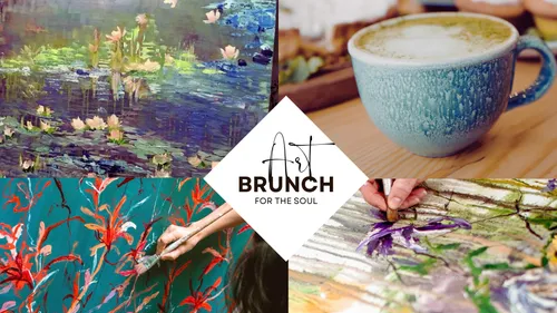 Art, painting, coffee, and text in collage.