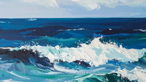 Ocean waves painted in vibrant blues.