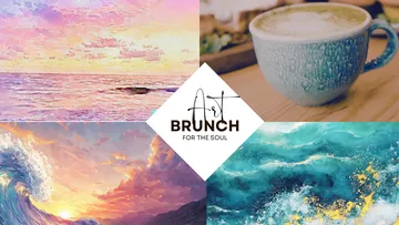 Collage of ocean art and a coffee cup.