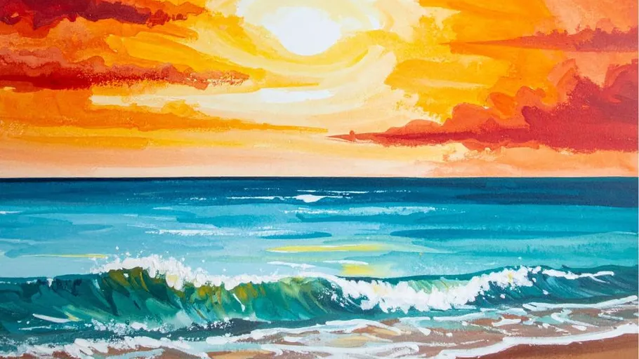 Sunset over ocean with crashing waves.