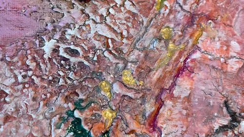 Abstract painting with pink, gold, and green textures.