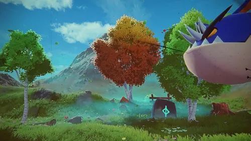 Colorful trees and creature in fantasy landscape.