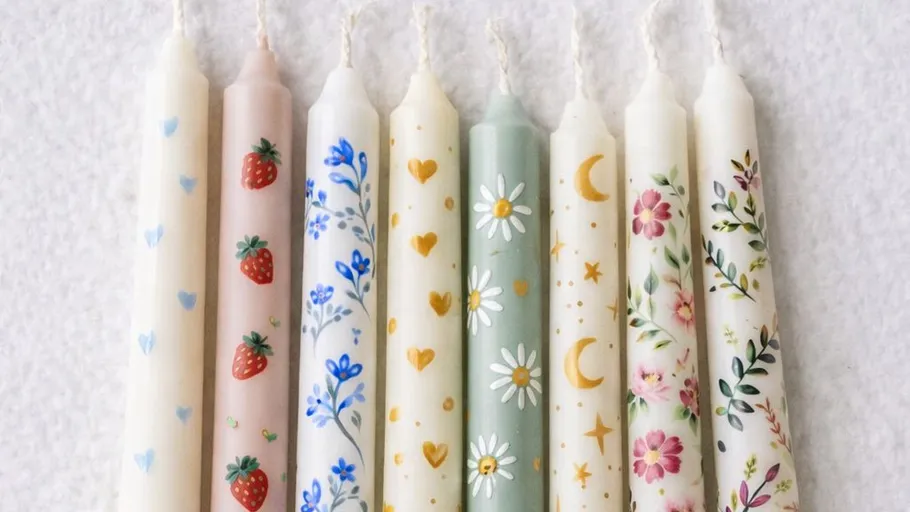 Decorated candles with floral patterns on white background.