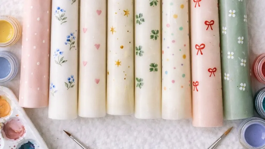 Bemalte Kerzen mit Blumen- und geometrischen Mustern.