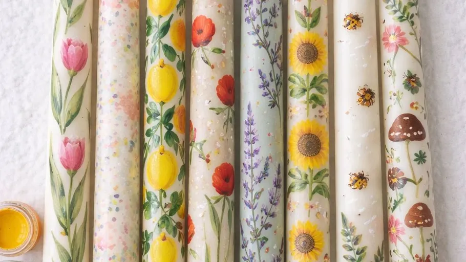 Nine decorative candles with floral designs arranged vertically.