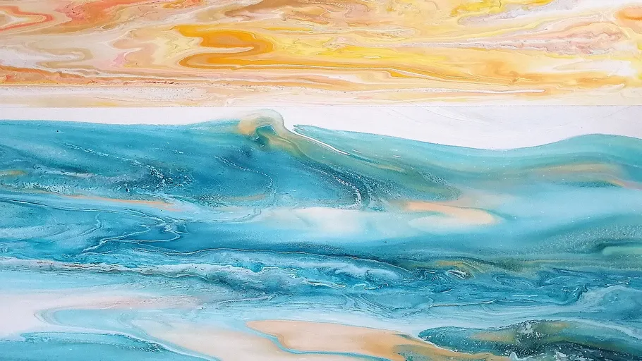 Abstract painting with blue and orange swirls.