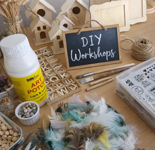 DIY workshop materials on wooden table.