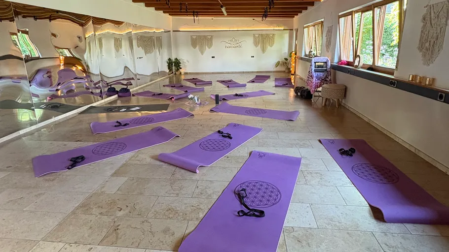 Yoga mats arranged in a mirrored studio.